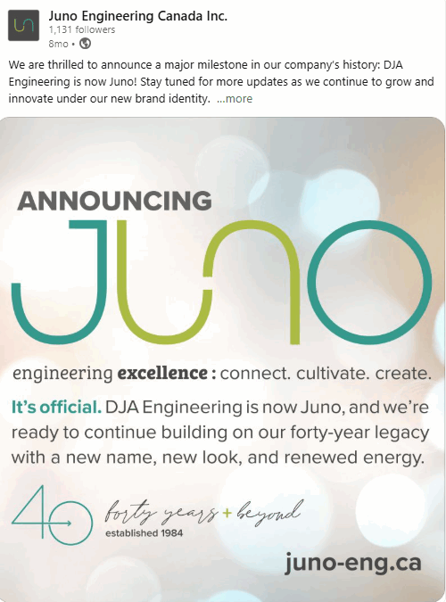 Repost: Juno Engineering Canada Inc. Rebrand